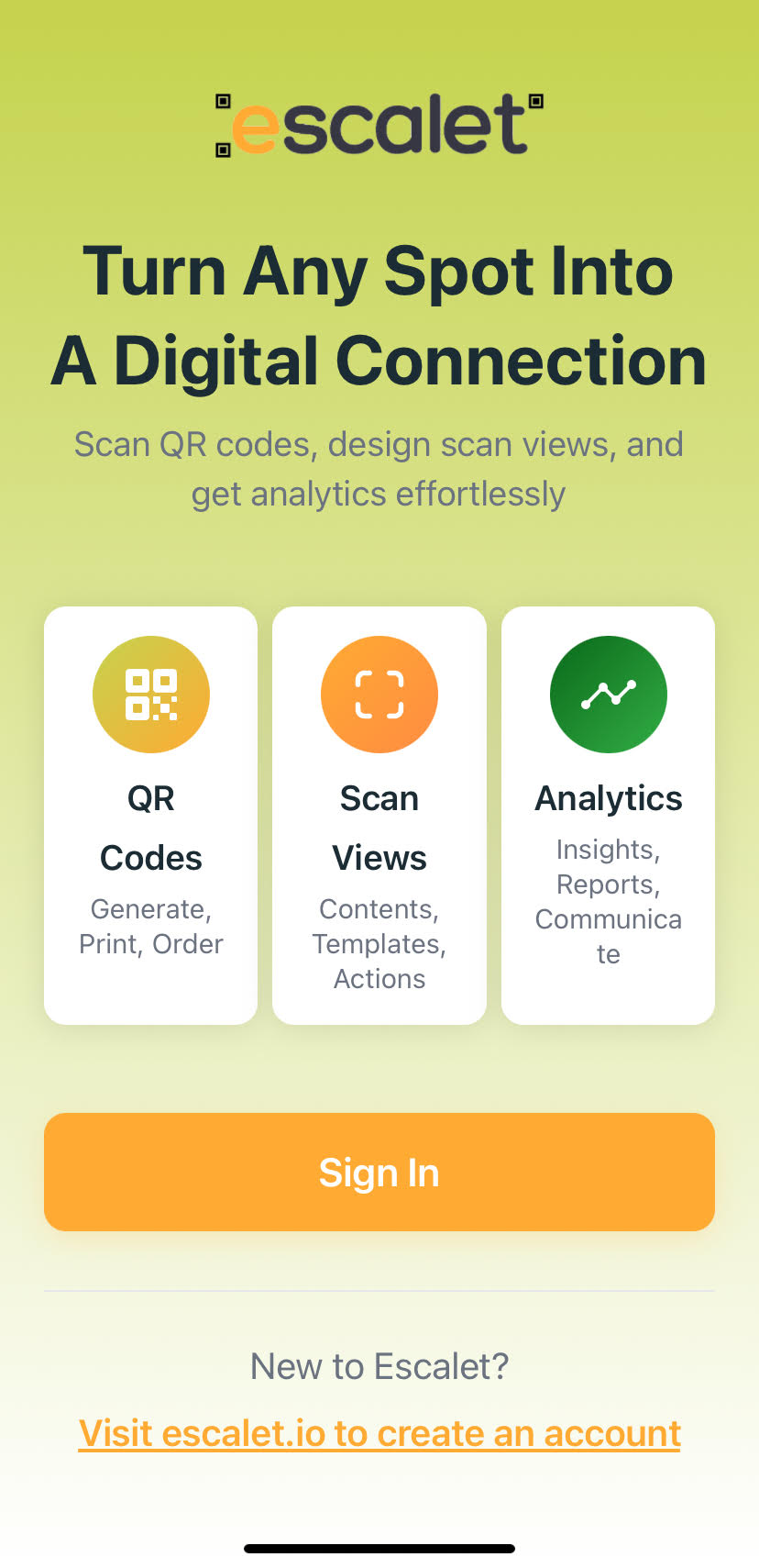 Escalet app home screen
